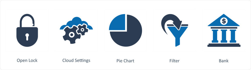 A set of 5 Business icons as open lock, cloud settings, pie chart
