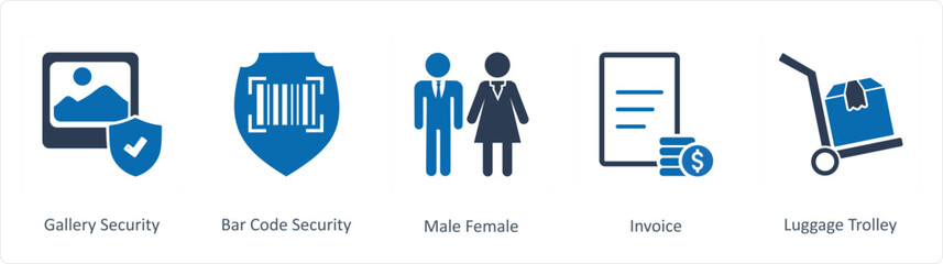 A set of 5 Business icons as gallery security, bar code security, male female