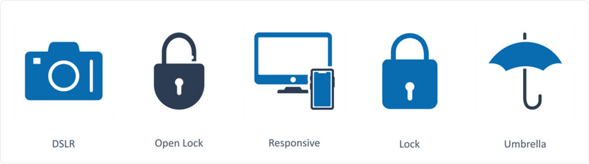 A set of 5 Business icons as dslr, open lock, responsive