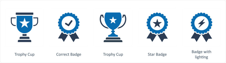 A set of 5 Business icons as trophy cup, correct badge, star badge