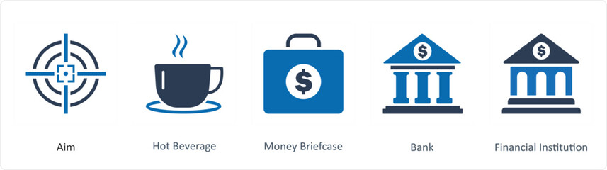 A set of 5 Business icons as aim, hot beverage, money briefcase