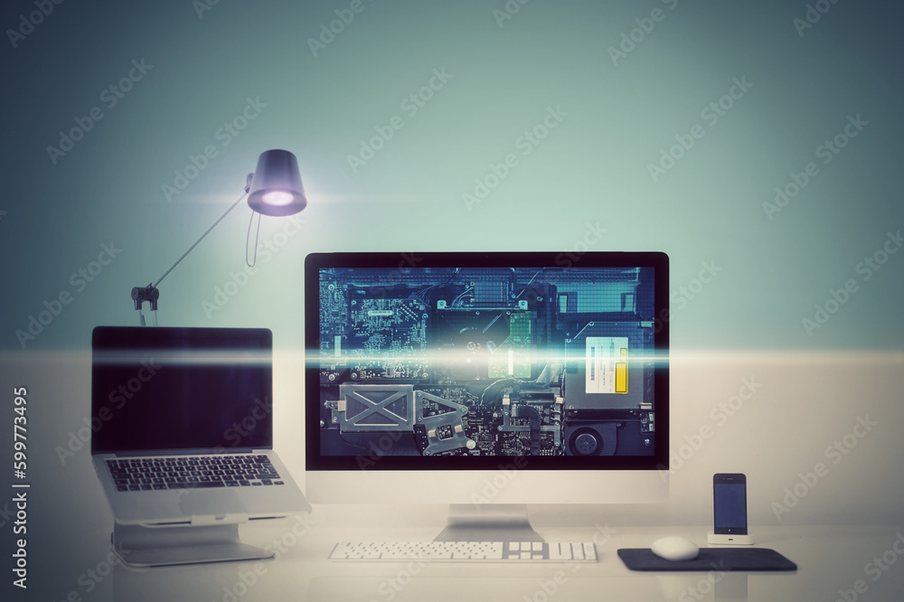 Poster technology, desk and computer with security, screen and connection for online reading, keyboard and 