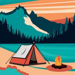 Night landscape illustration in flat style with tent, campfire, mountains, forest. The background of the site. Background for summer camp, nature tourism, camping or hiking design concept
