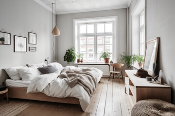 modern bright and Airy Nordic Bedroom with Natural Wood Furniture, Generative AI