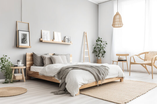 Bright and Airy Nordic Bedroom with Natural Wood Furniture, Generative AI