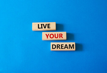 Live your Dream symbol. Wooden blocks with words Live your Dream. Beautiful blue background. Business and Live your Dream concept. Copy space.