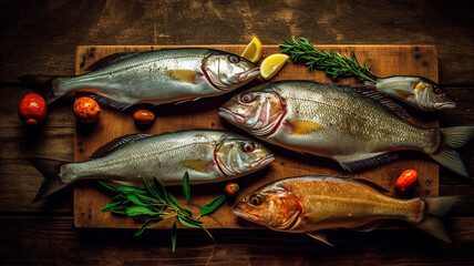 food photography of fresh fishes on a wooden table. top down photo. well lit 3-point lighting. studio style. generative ai.