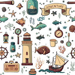 Sea seamless pattern. Fishes, lighthouse, sail boat, seaweeds, old navy compass, stars, corals, undersea elements. Cartoon vector ocean background with vintage travel items. Adventure repeated design - 599775643