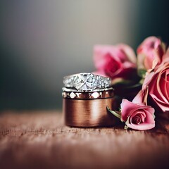 Wedding rings rest on wooden surface amid bouquet of flowers, captured in a beautifully toned photograph. generarive ai