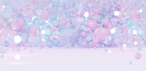 Creative gentle fashion background flying sphere shapes in pastel palette textured background scene pastel colored balls light colored beads pink and blue 3d illustration