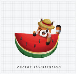 Cute kawaii red panda and a big watermelon, vector cartoon illustration