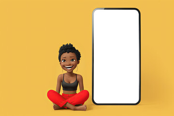 Cartoon girl and huge phone mockup. Smiling happy young afro american woman sit near big huge blank screen mobile cellphone with copy space mockup isolated on plain yellow backround.