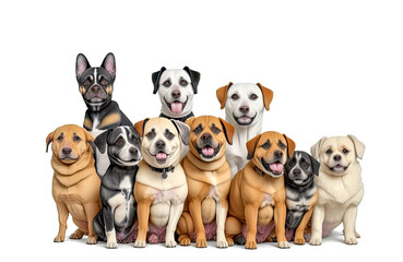 Many dogs different breeds, sizes, and colors. Dog Ensemble: Breeds, Sizes, Colors, Discipline, Cute Pets isolated on White Background. Generative AI