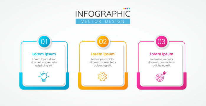Business infographic design square template with icons and 3 options or steps. Abstract elements of graph, diagram, parts or processes. Vector template for presentation.