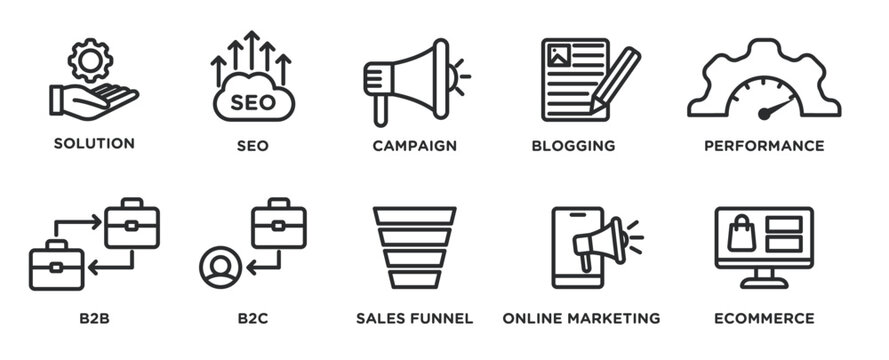 Marketing icon set. Solution, seo, campaign, blogging, performance, b2b, b2c, sales funnel, online marketing and ecommerce, outlined vector icon collection