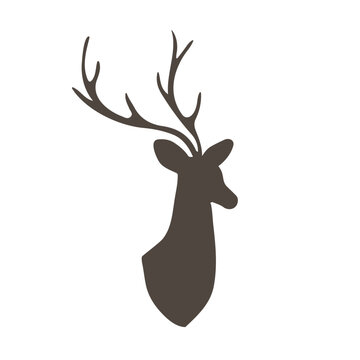 Head of reindeer. Black silhouette mammal animal with antlers on white background. Vector flat illustration.