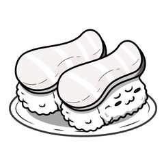 Cute sushi and rolls in kawaii Japanese traditional cuisine dishes black and white outline for coloring pages