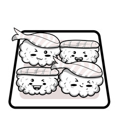 Cute sushi and rolls in kawaii Japanese traditional cuisine dishes black and white outline for coloring pages