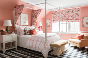 Comfort able and Inviting Bedroom with Pink Plaid, Generative AI