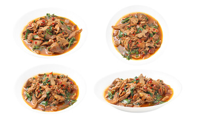 Fototapeta na wymiar Thai spicy stir-fried duck and basil in ceramic dish on white background