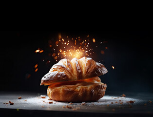 Levitating croissant, brioche, and cake showcase French bakery finesse. . generative ai