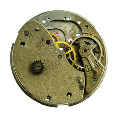 A broken old mechanical watch mechanism. Isolate on a white background