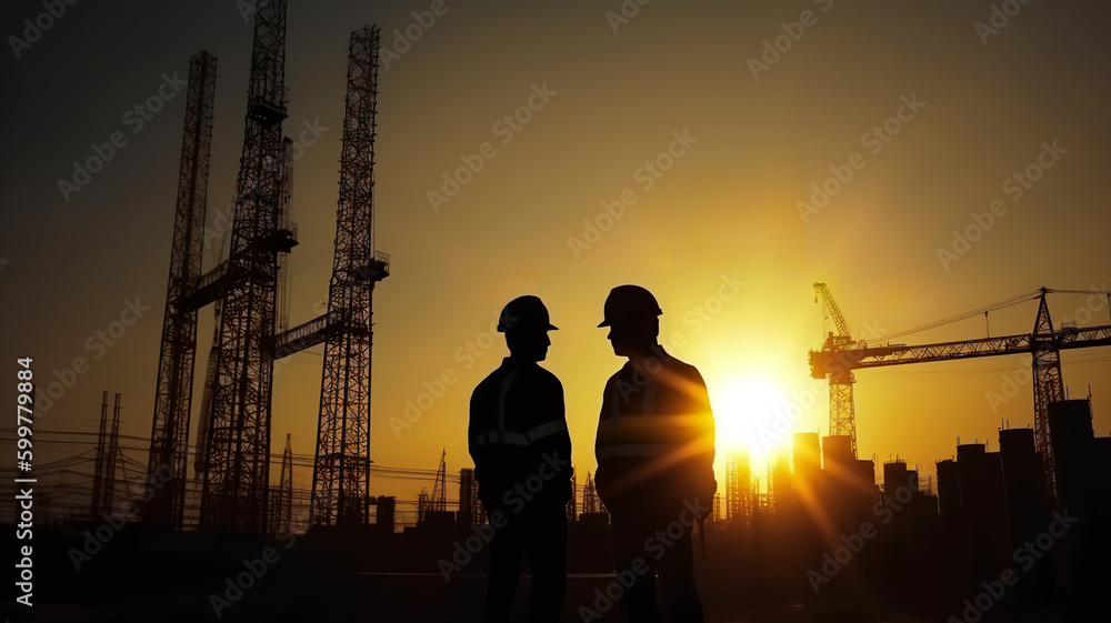 Wall mural Silhouette of two engineers consult and inspect high-rise construction work over blurred industry background with Light fair - Generative AI