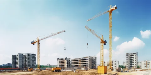 Foto op Plexiglas construction site and yellow crane on the background blue sky, panoramic  - Generative AI © Ployker