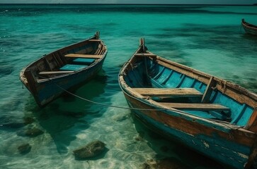 Fototapeta na wymiar Barquitas viejas de pescadores atracadas en un mar azul turquesa
