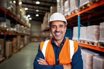 warehouse worker posing at work while smiling a the camera. Generative AI