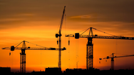 construction cranes silhouette on sunset - Generative AI