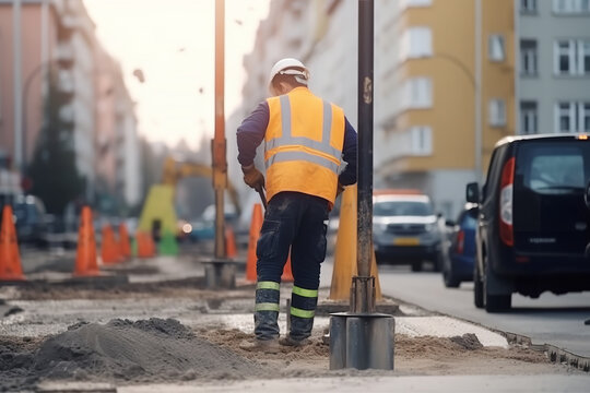 Builder drilling the road with a tool and his coworker at the city road work construction site in the blurry background - Generative AI