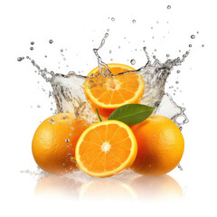 Fototapeta na wymiar some whole and half oranges with splashing water