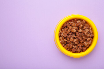 Pet food in yellow bowl on purple background.