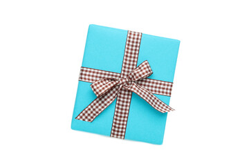 Blue gift box with brown ribbon isolated on white background.