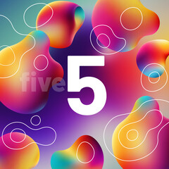 set of white numbers, multicolored shapes in the background, 3d rendering, five