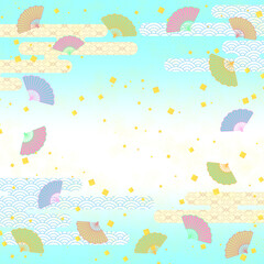 扇が舞うポップでカラフルな和柄背景
