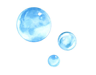 Light blue bubbles. Watercolor illustration of a bubble. Hand drawn round transparent ball. Isolated on white background. Suitable for soap, shampoo, cosmetics, postcards, packaging, design.