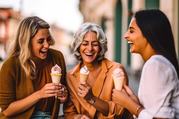 Group of happy women eating ice cream outdoors at city urban street- Three old and young friends girls having fun and walking together outside-Joyful. Generative AI