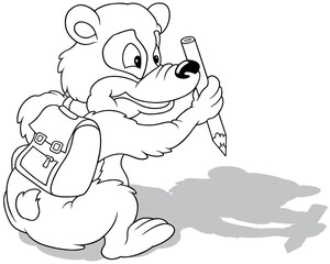 Drawing of a Sitting Teddy Bear with a School Bag on his Back and a Crayon in his Paw