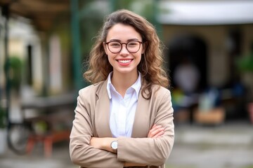 Young happy pretty smiling professional business woman, happy confident positive female entrepreneur standing outdoor on street arms crossed, looking at camera, Generative AI