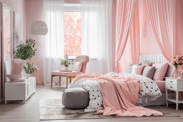Cozy Bedroom Interior with Pink Accents, Generative AI
