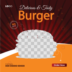 Fast food restaurant business marketing social media post, Creative social media post template, Vector illustration, Fresh pizza, burger & pasta online sale promotion flyer or poster.