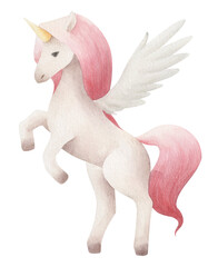 Watercolor cute unicron with wings. Watercolor pegasus isoalted.