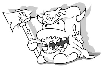 Drawing of a Garbage Monster with an Ax in Hand and Slime on his Body