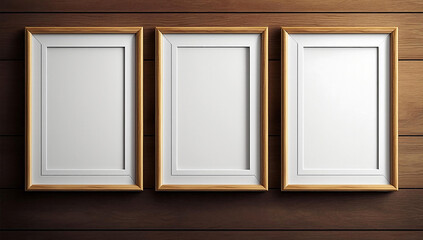 three empty photo frames on wooden wall
