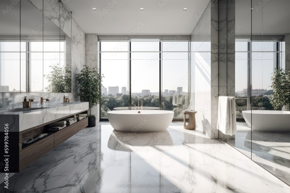 Wall mural contemporary bathroom design, high-end designer bathroom with freestanding tub, natural light and wh