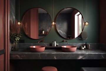 Close up details of double vanity with double led mirror on a elegant and luxurious marble sink stand