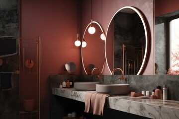 LED mirror lights in a sophisticated bathroom design showcases a lavish white marble sink stand, contemporary shower, natural color palette, luxurious atmosphere.