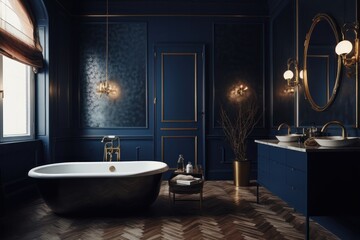 Elegant bathroom in navy blue tones, showcasing luxurious freestanding tub, led lights and elegant furniture